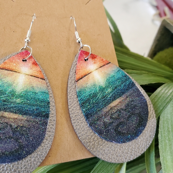 Ocean Sunset Faux Leather Teardrop Earrings - Picture 13 of 13